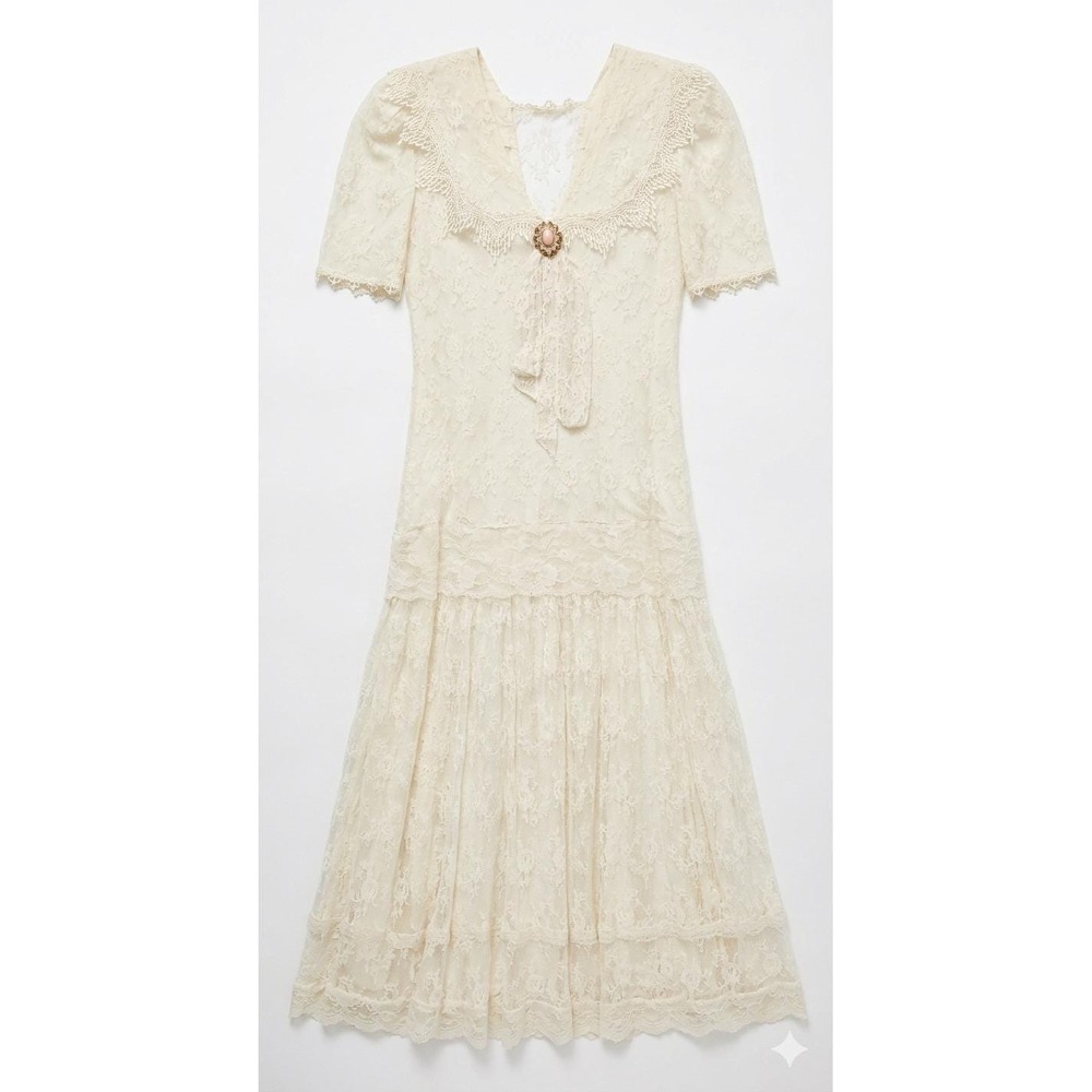 Scott McClintock Vtg 1980s Cream Lace Midi Dress Victorian Romantic Sz 8 Wedding